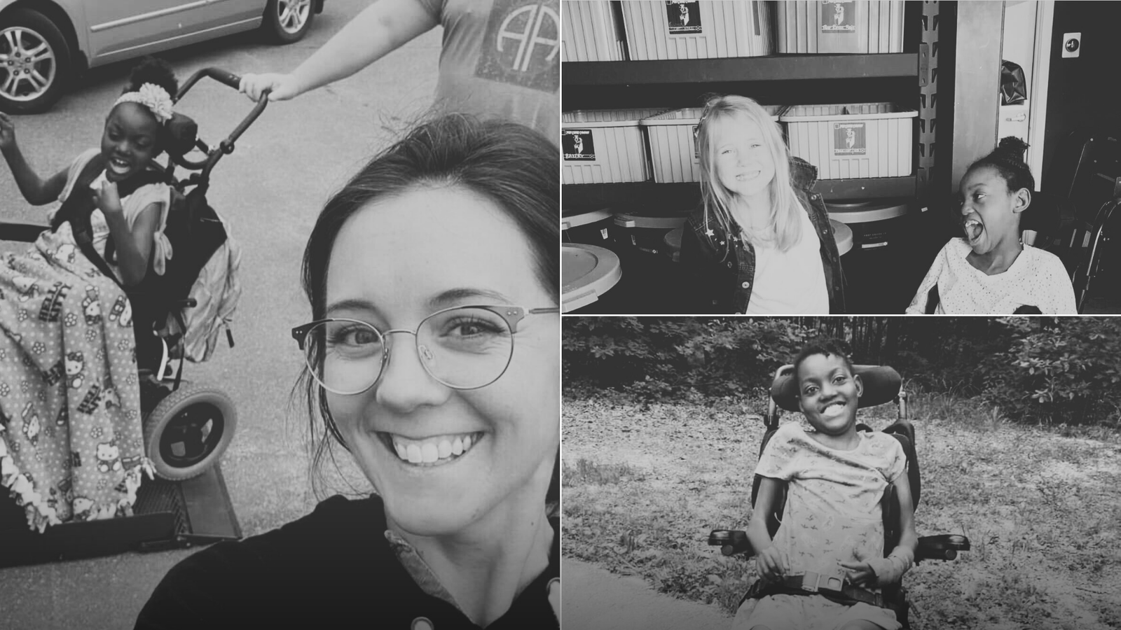 Collage of three black-and-white photos showing a smiling young girl with her friends in various joyful moments.